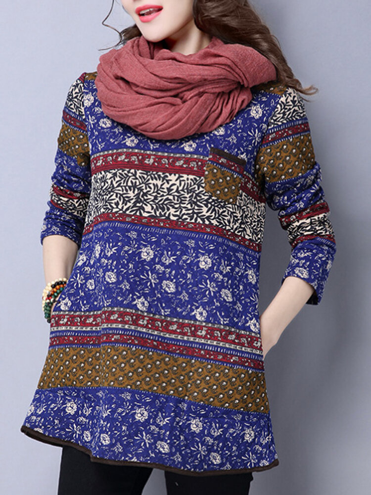 Folk Style Mulheres manga comprida Floral Printed Pullover T-shirt com bolsos