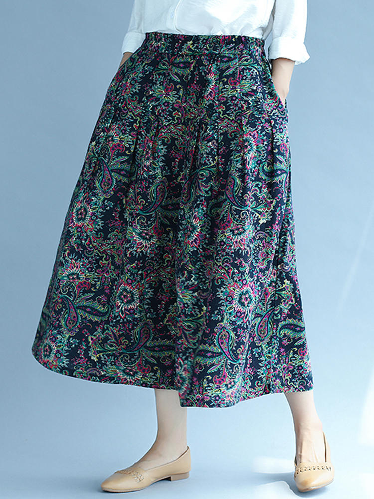 Vintage Women Elastic Waist Floral Printed Wide Leg Capri Cal&ccedil;as