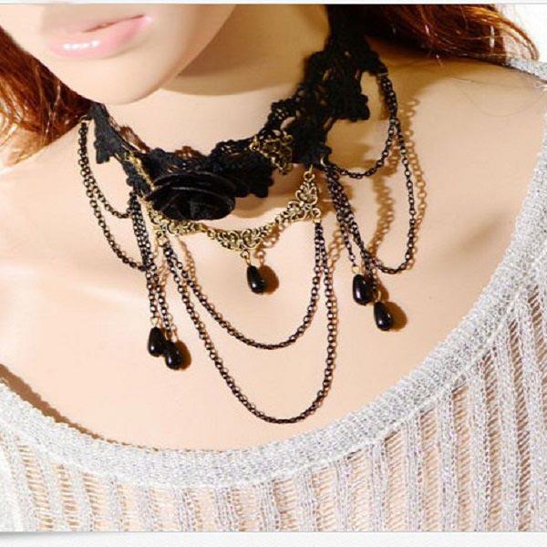 Gothique Femmes Noir Rose Fleur Perles Dentelle Collier Collier Bijoux