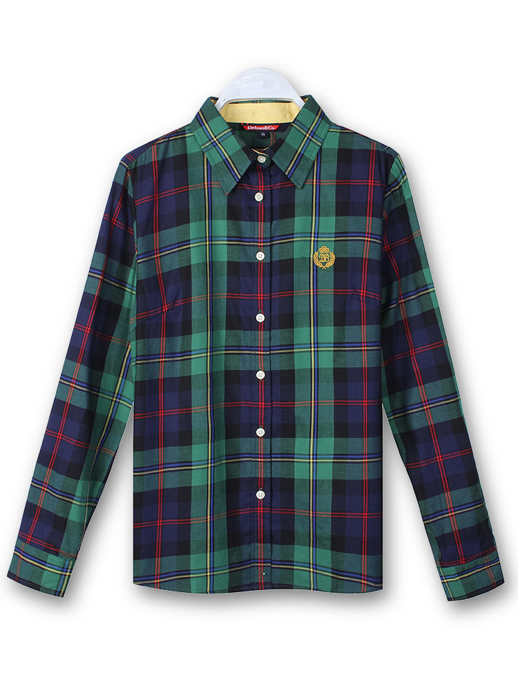 Women Cotton Button Blouse Plaid Turn Down Long Sleeve Shirt
