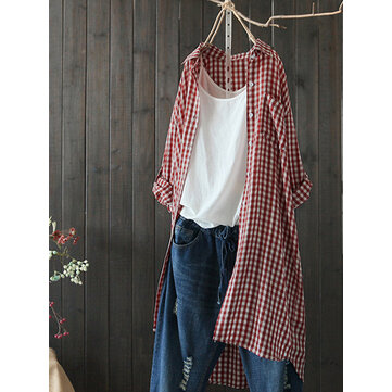 Women Turn Down Collar Plaid Button Long Sleeve Blouse