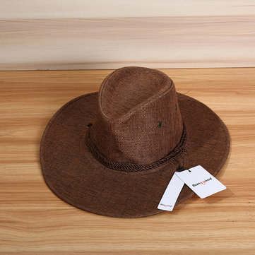 LTSWEET Cowboy Strohhut Herren Damen Cowboyhut Western Sonnenhut Strand Kappe Breiter Krempe Sommer Sonnenschutz Outdoor Camping mit Kinnriemen Natur
