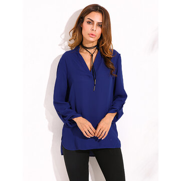 Casual Mujer blusa con cuello en V de manga ajustable color puro
