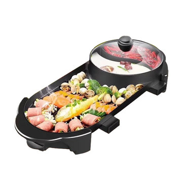 2 Em 1 Churrasqueira Elétrica Teppanyaki Cook Fry Pan BBQ Forno Hot Pot Cozinha