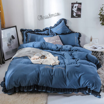 4pcs Solid Color Embroidery Lace Purfle Bedding Set Soft Smooth