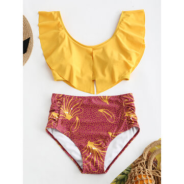 Yüksek belli Flora baskı O-boyun iki parçalı Bikini takım