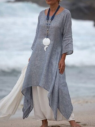 Women 3/4 Sleeve High Low Hem Linen Cotton Dress