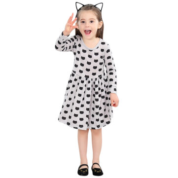 Kid Girls Black Cats Gedrukte Long Sleeve Dress