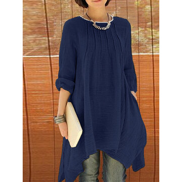 Loose Women Long Sleeve Pure Color Asymmetrical Hem Blouse