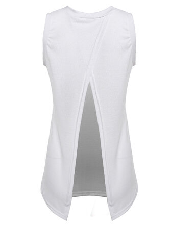 Sexy Women Sleeveless Solid White Back Split Cotton Vest Tank Top