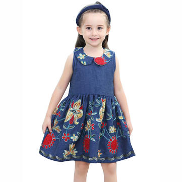 Baby Kid Girls Vestido de joalharia bordado floral sem mangas