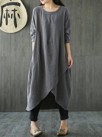 Kadın Cep Düzensiz Keten Pamuk Maxi Elbise