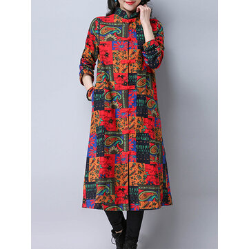 Folk Style Women Long Sleeve Printed Buttons Long Coat