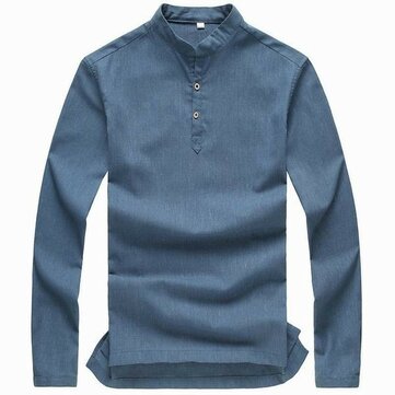 Camicia di Lino Colletto Alzato ad V Orlo con Fessura Tinta Unita Maniche Lunghe Colore di Caramella