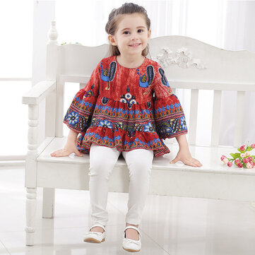 Kid Girls Peacock Printed Round Neck Bell-Sleeve Tops