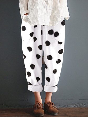 Women Cotton Polka Dot Elastic Waist Pockets Pants