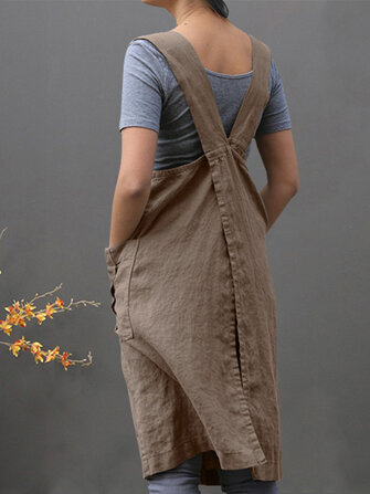 Women Sleeveless Side Pockets Cotton Loose Apron Dress