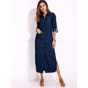 Long Sleeve Denim Shirt Dress Solid Color Turn-down Collar Button Dress 