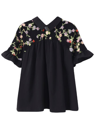 Femmes sexy &agrave; manches courtes Floral broderie maille Splice Blouse
