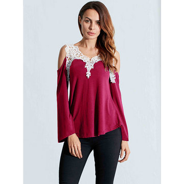 Sexy Women Lace Patchwork Hollow Crochet Off Shoulder Solid T-Shirt