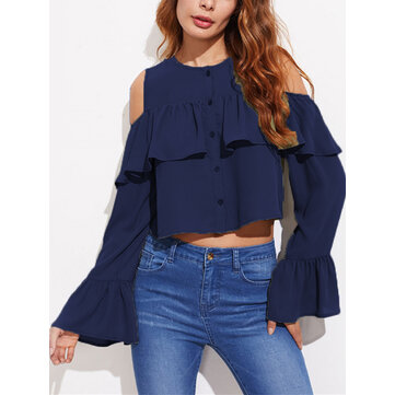 Plus Tama&ntilde;o Sexy Mujer Blusa con Botones sin Tirantes de la Manga de la Campana