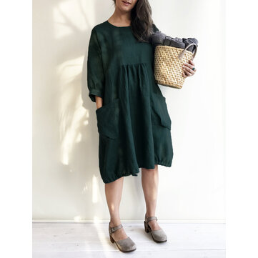 Women Casual Solid Color Loose Cotton Shirt Dress