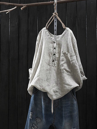 خمر المرأة القطن مخطط الخامس الرقبة بلوزة طويلة الأكمام