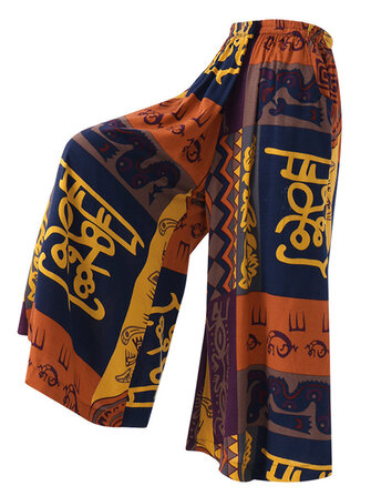 Plus حجم خمر المطبوعة مرونة الخصر واسعة الساق السراويل فضفاضة