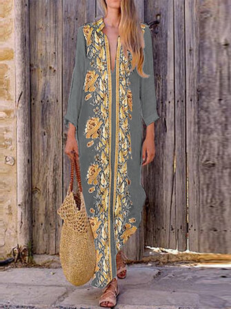 Bohemian Women V Neck Floral Print Beach Split Maxi Dress