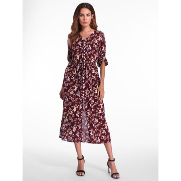 Bohemian Floral gedruckt lose 3/4 &Auml;rmel Maxi Kleid