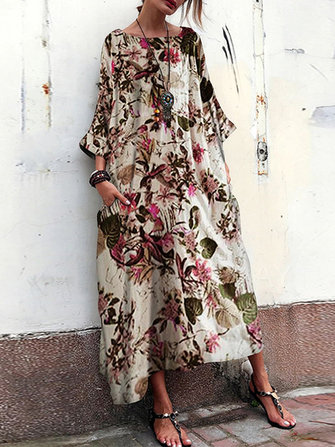 Robe maxi vintage à manches 3/4 et à fleurs