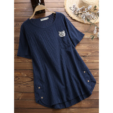 Damen Casual Katze Besticktes, kurzärmliges T-Shirt mit Aushöhlung