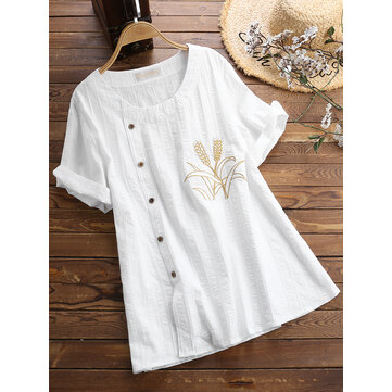 Ronde T-shirts met korte mouwen en geborduurde korte mouwen dames