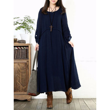 Vintage Women Cotton Scoop Neck Solid Color Loose Maxi Dress