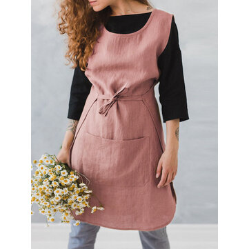 Sleeveless Pocket Cotton Solid Vintage Apron Dress