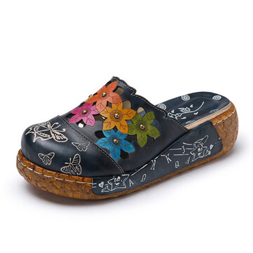 SOCOFY Original Flower Wedge Retro lederen schoenen 