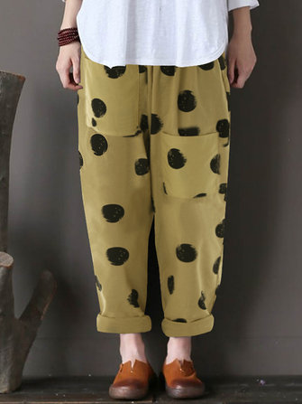 Women Cotton Polka Dot Elastic Waist Pants with Pockets