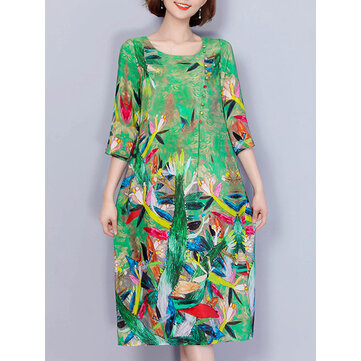 Abito ampio da donna elegante con stampa artistica 3/4 maniche