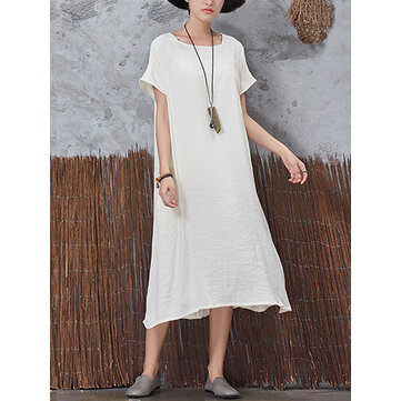 Vestidos con Bolsillos de Manga Corta Vintage Casual para Mujeres