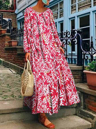 Women Vintage Long Sleeve Crew Neck Floral Print Maxi Dress