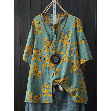 Cotton Loose Batwing Sleeve Floral Print Button Pocket Shirt