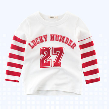 Meninos Crianças Sport Lucky Number Print Listrado Patchwork T-Shirt