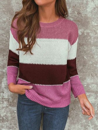 Dames Casual gestreepte kleurblok O-hals truien met lange mouwen