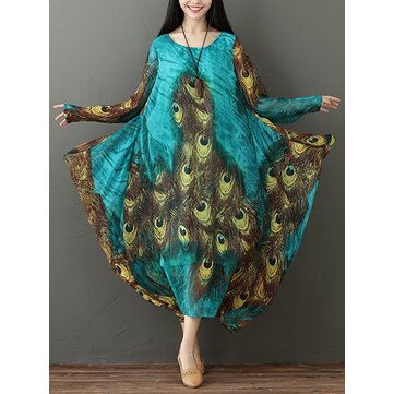 Gracila Abito Lungo a Maniche Lunghe con Stampa Piuma Classico per Donna