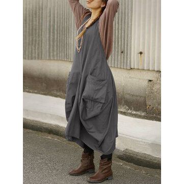 Mulheres Vintage mangas V Neck Straps Voltar Cruz S&oacute;lido Avental Vestido