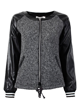 Casual Women O Neck Zipper PU Patchwork Drawstring Short Jacket