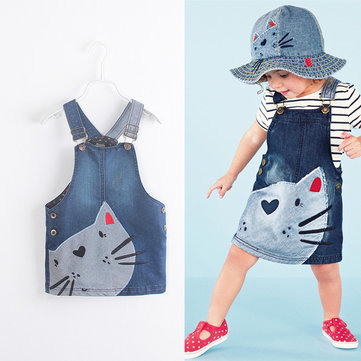 Girl Cute Cat Printed Denim Straps Suspender Dress