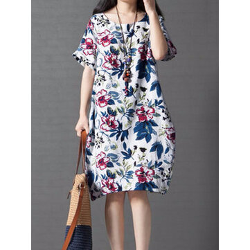 Vintage Women Loose Printing Short Sleeve Elegant Dress