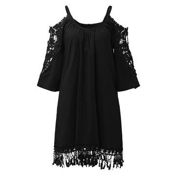 Mulheres Off Shoulder Lace Strap Hollow Half Sleeve Casual Mini Vestires