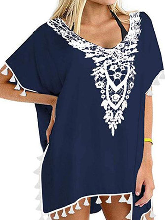 Mulheres Crochet Chiffon Tassel Praia Cover Ups para Swimwear